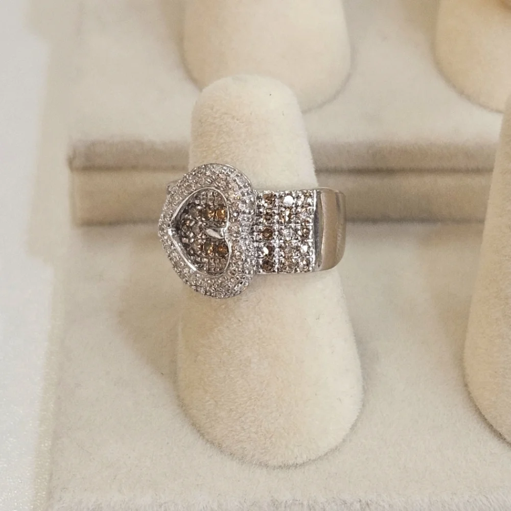 925 Sterling Silver Pave Diamonds Heart Buckle Band Ring Size 5 - Picture 6 of 7
